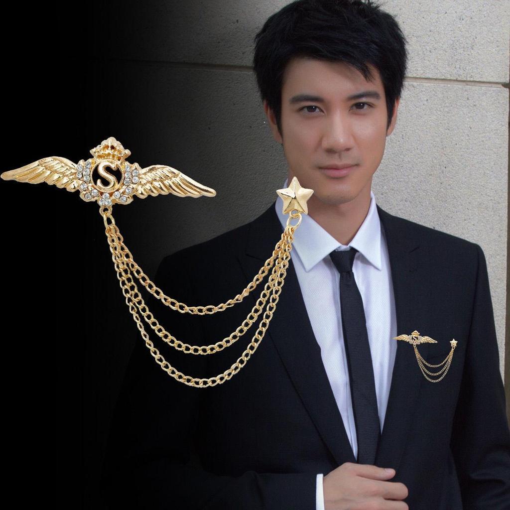 Men's Korean Style Eagle Guitar Brooch with Rhinestone Chain Badge