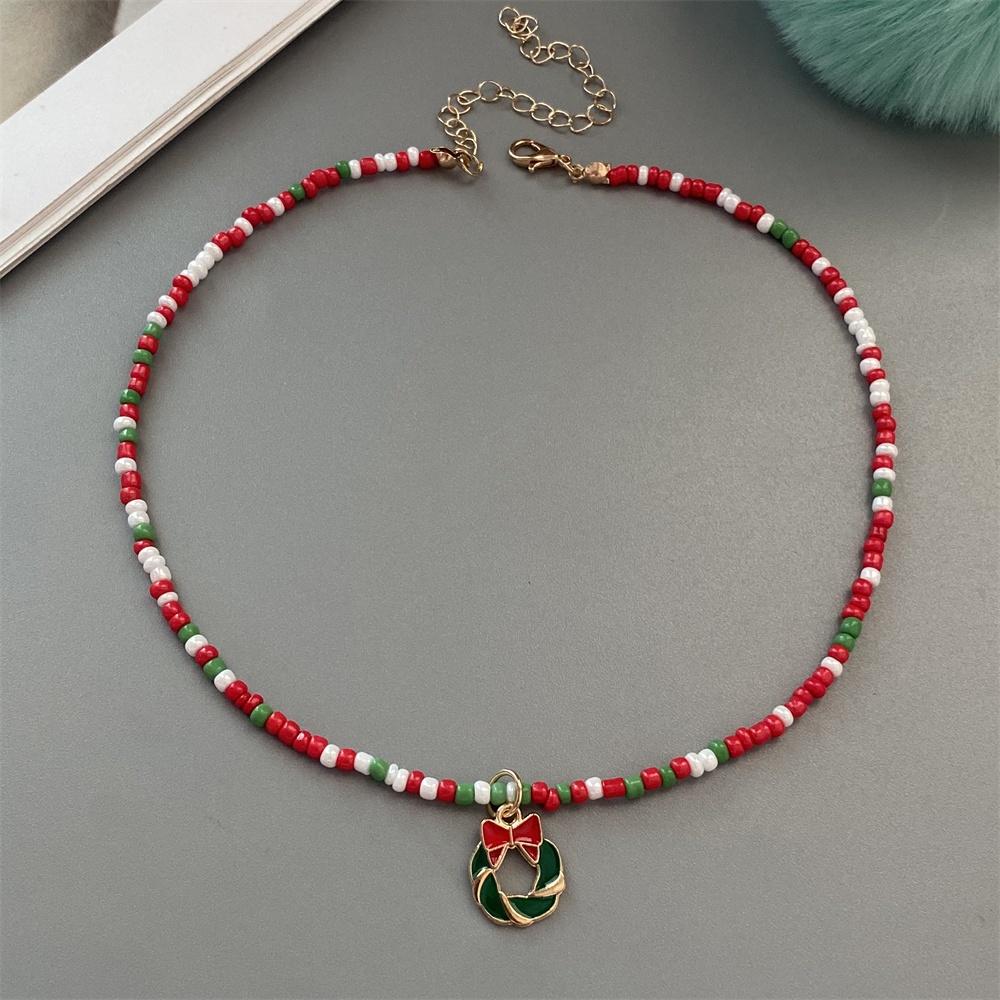 Christmas Necklaces for Women Girls Handmade Rice Beads X'mas Tree Santa Claus Snowman Gift Necklace Pendant New Year Jewelry