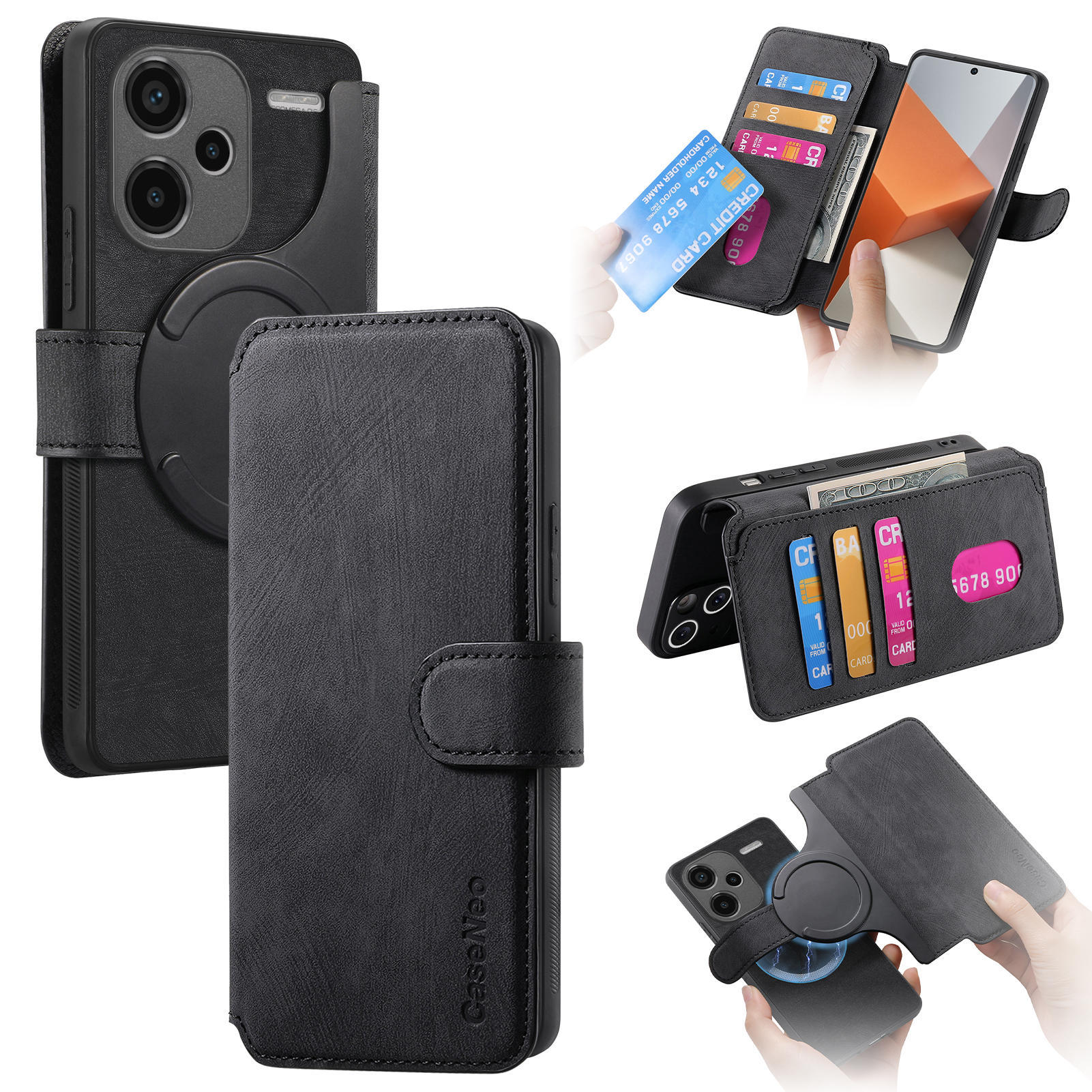 

For Xiaomi Redmi Note 13 Pro+ 5G Magnetic Case CASENEO Detachable Leather Phone Wallet Cover Black