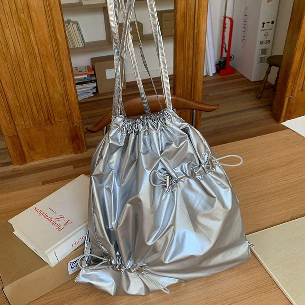 

Commute Drawstring Backpack Korean Style Silver Shoulder Bag Nylon Ruched Backpack Office Worker срібний