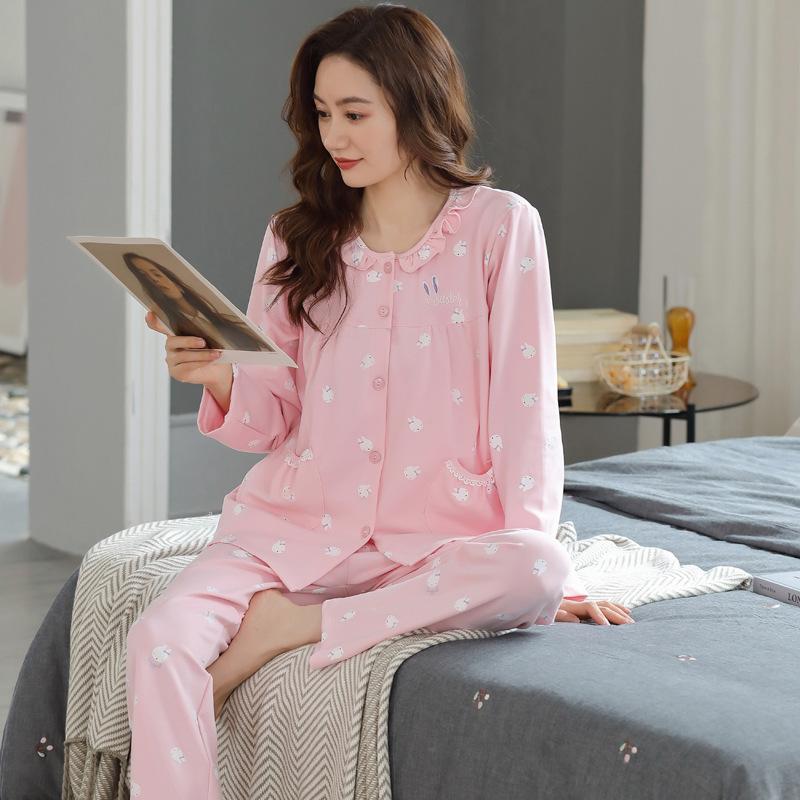 100% pure cotton pajamas women's long-sleeved printing set casual loose spring and autumn thin air-conditioned clothing loungewear can be worn outside