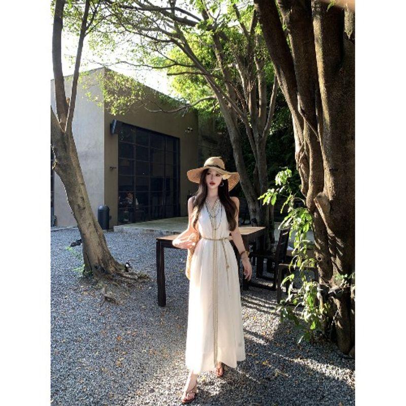 Kumikumi Holiday Style White V-neck Vest Dress Women Summer Temperament Drape Slimming Large Swing Skirt Long Dress