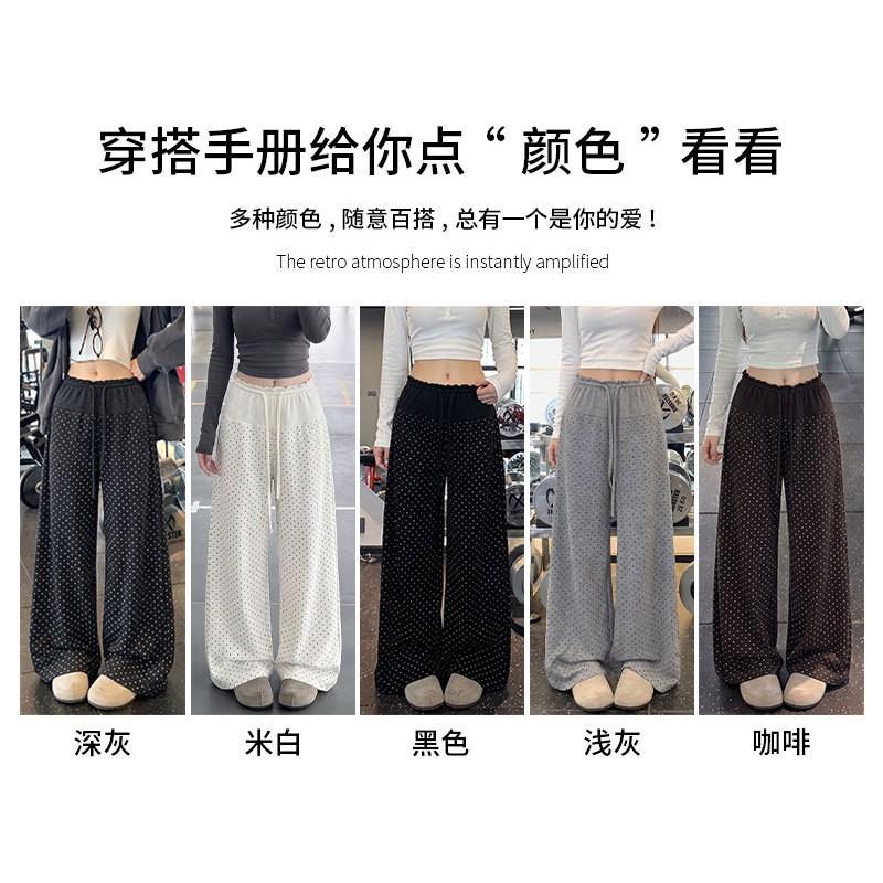 Womens High Waist Polka Dot Loose Casual Drawstring Wide Leg Pants