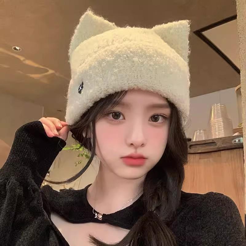 Cat Ears Warm Plush Knitted Beanies for Women Love Heart Embroidery Ear Warmer Cap Solid Color Windproof Pullover Hat Bonnet