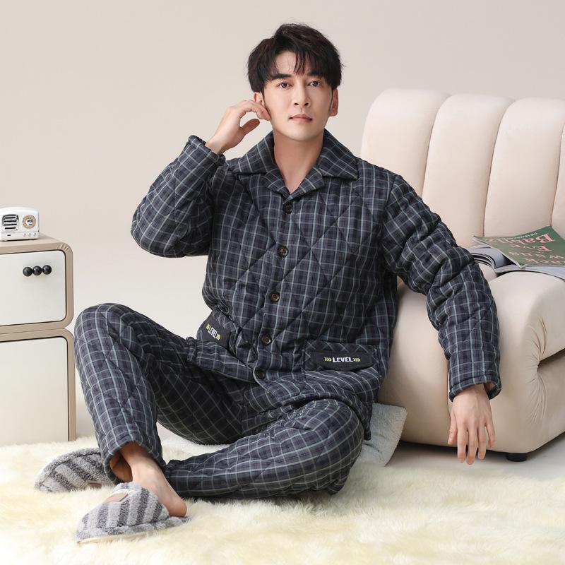 Pajamas Men'S Winter Velvet Thickened Woven Pure Cotton Three-Layer Padded Cotton Jacket Autumn And Winter Loungewear