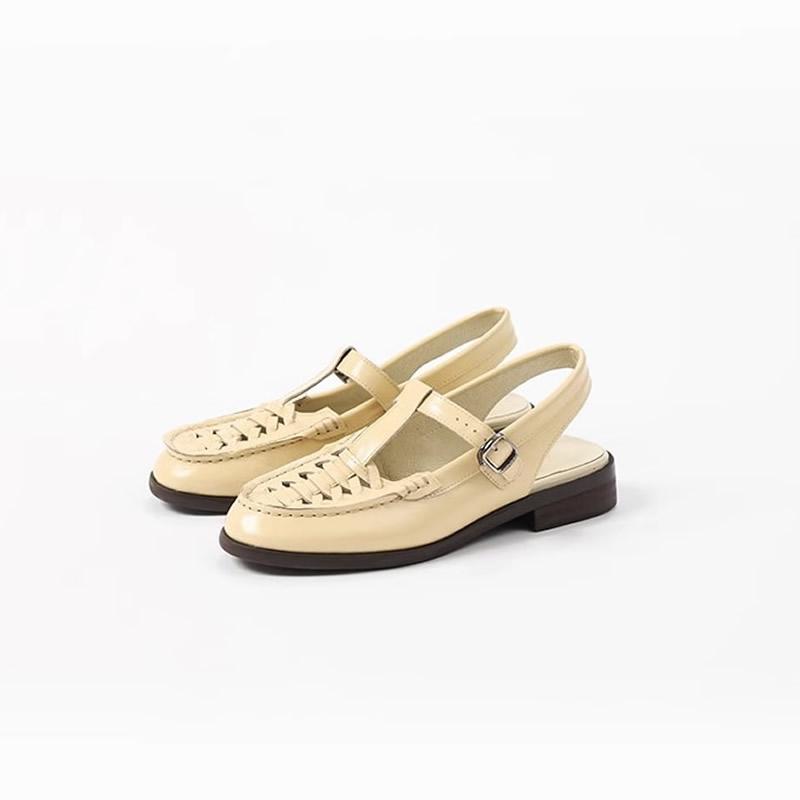 Ladies Slingback Retro Handmade Sandals Female Breathable Leather Low Heel Shoes Summer Versatile Solid Soft Sole Women Zapato