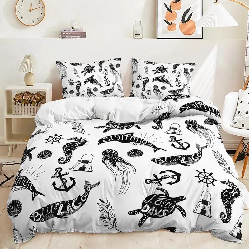 Print Fish,Dolphins, Sharks,Turtles Comfortable Quilt Cover Set for Quen, Light Blue Aquatic Shark Jelyfish Warm Comforter Cover Beding Sets