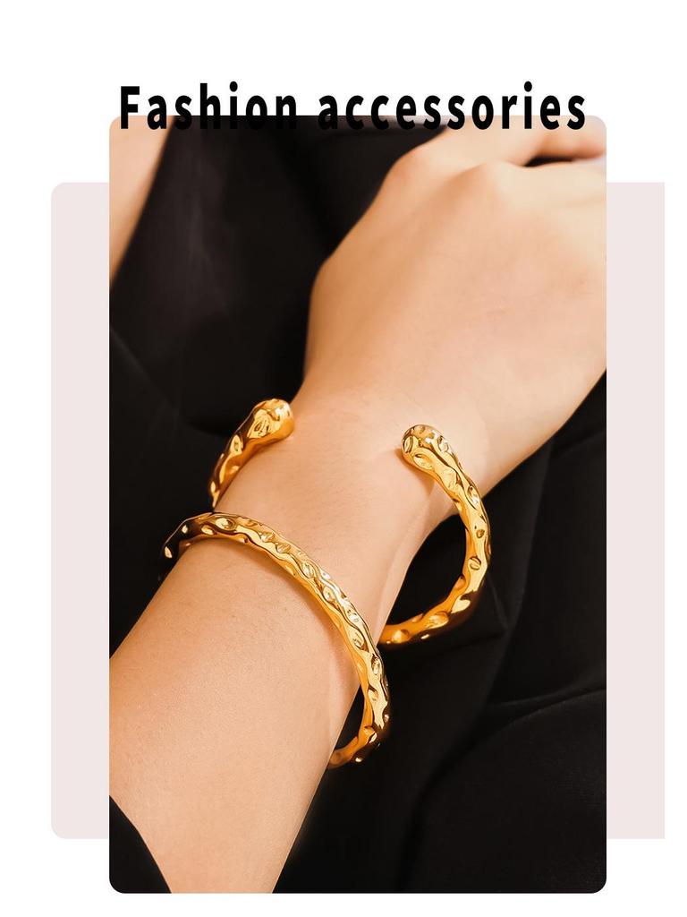 European American INS Style Irregular Hammered Texture Bracelet, 18k Gold-Plated Titanium Steel, Simple Retro Design.