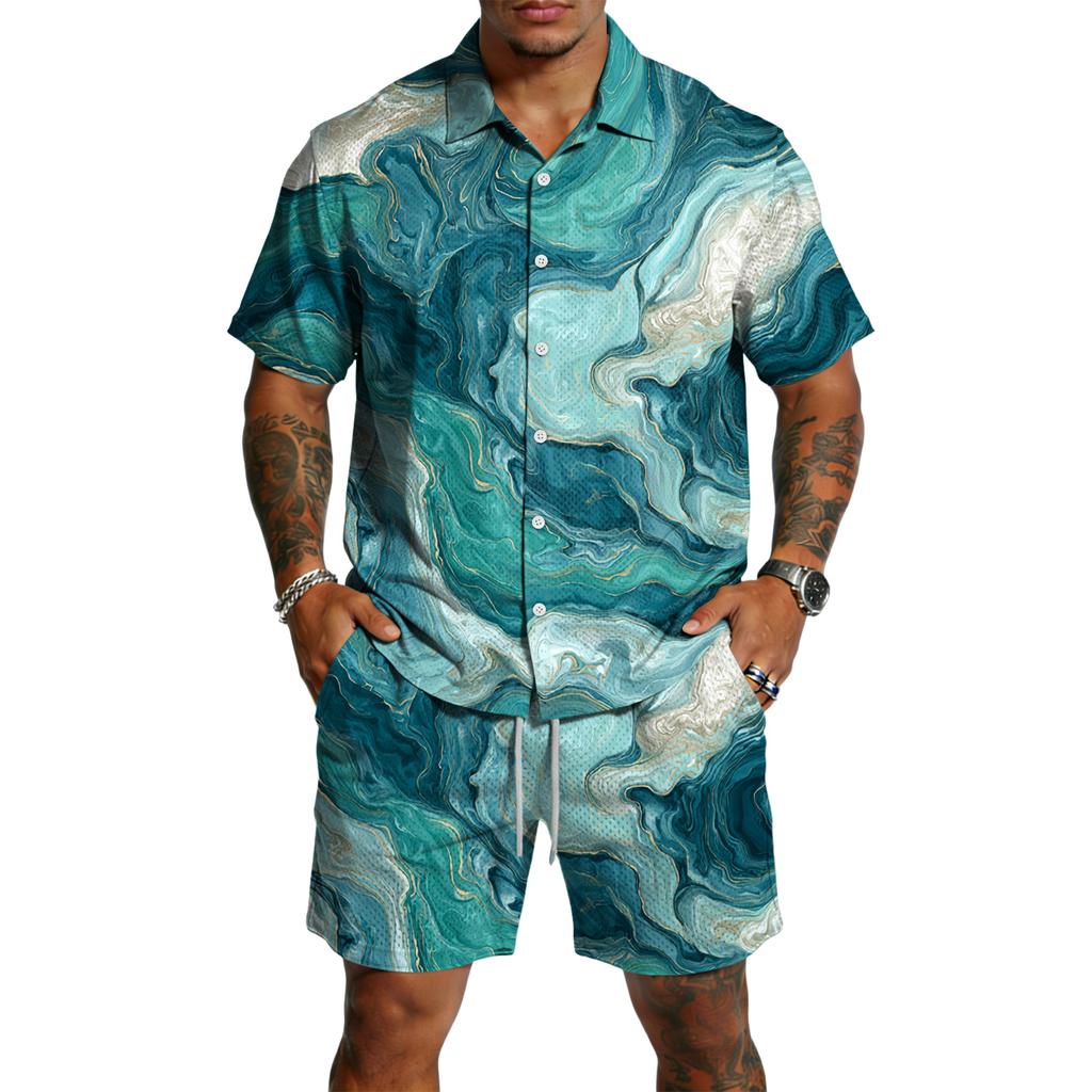 Men’s Short Sleeve Button Down Shirt and Shorts Set Abstract Swirl Print Lightweight Two Piece Outfit for Summer Beachwear