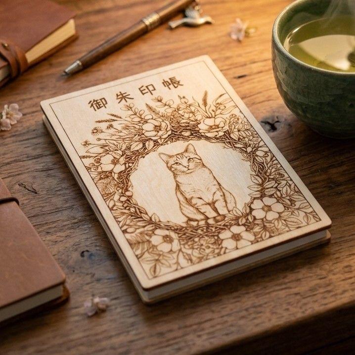 Used [New Arrival] Goshuincho (Temple/Shrine Stamp Book) - Wooden, Floral Wreath & Cat Design - Name Engraving Available
