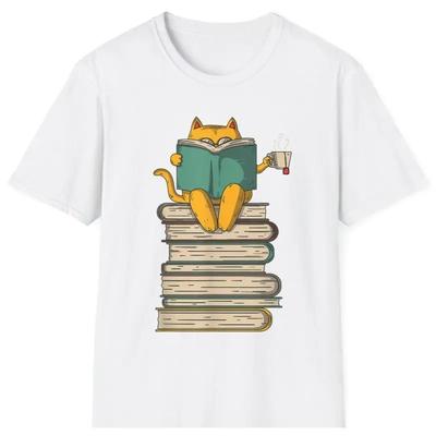 Cat Reading Book Tea Lover Graphic Tee Unisex Soft Cotton Short Sleeve TShirt