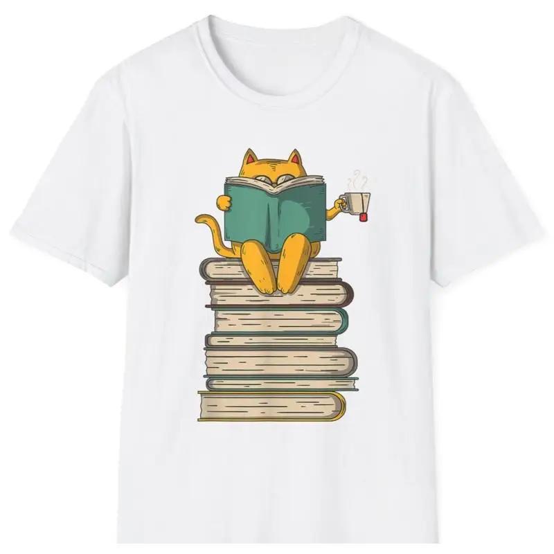 Cat Reading Book Tea Lover Graphic Tee Unisex Soft Cotton Short Sleeve TShirt S