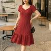 Elegant Women Casual Square Collar Short Sleeve Polka Dot Print Dress
