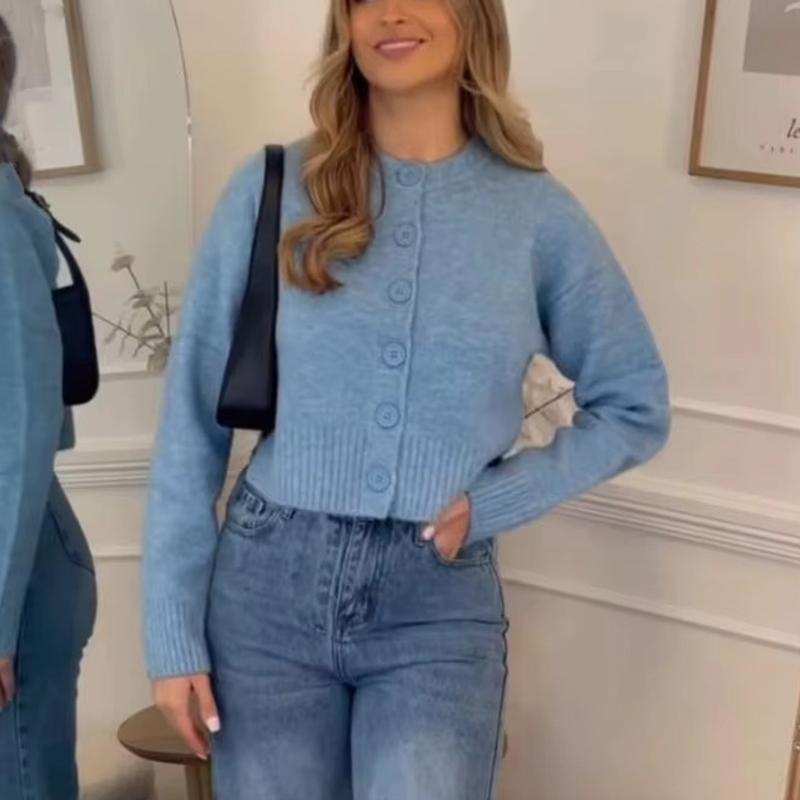 Blå cropped cardigan for kvinner Strikkede korte gensere for kvinner Strikkeplagg Strikket cardigan Dame Langermet Damegenser