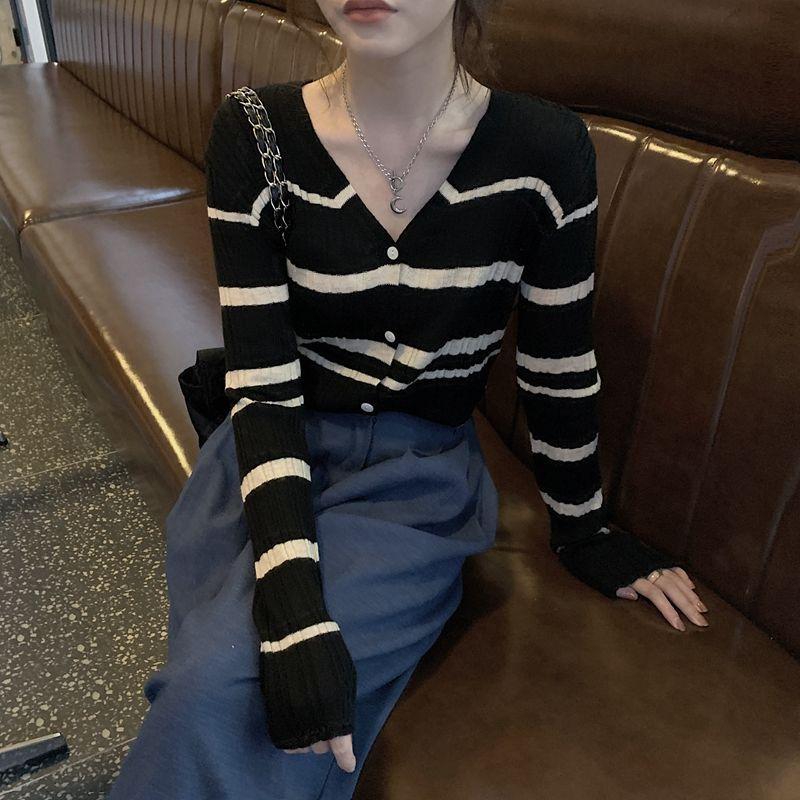 Women's Spring Outer Wear Color Block Striped Knit Cardigan Sweater Coat Slim Short Long-sleeve Top