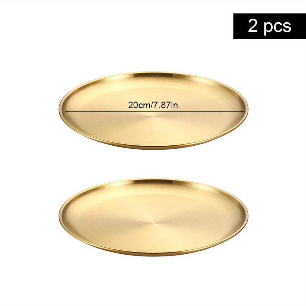 2Pcs Stainless Steel Round Plate Bone Spitting Dish Shallow Tray Metal Camping Plate Dining Disc BBQ Picnic Dishes Cookware