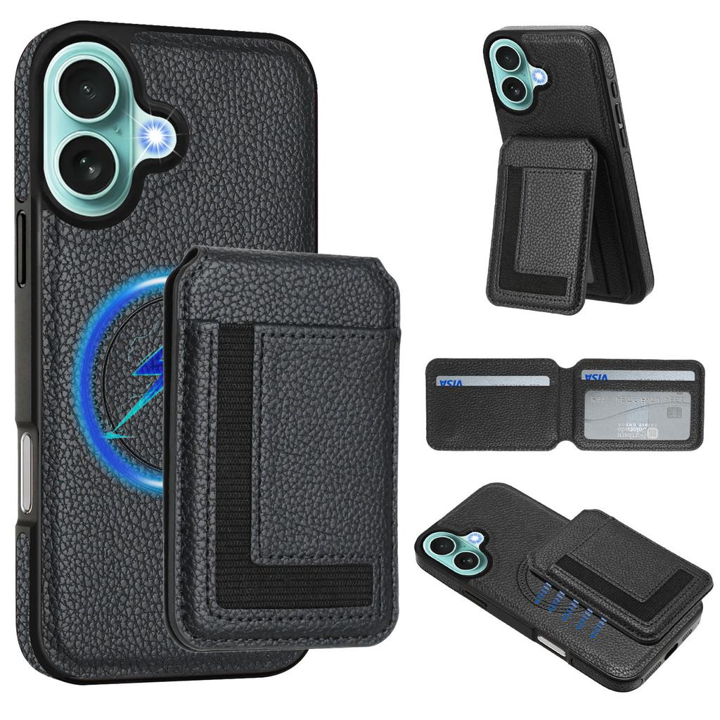 Applicable to iPhone16 mobile phone case, Samsung S25 lychee pattern wireless charging magnetic card bag bracket multi-function anti-drop
