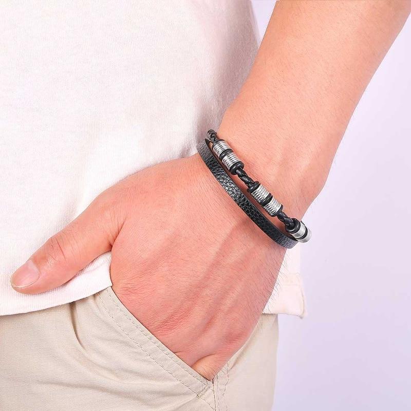 Fine Stainless Steel Jewelry Multi-Layered Men's Black Leather Charm Bracelet HipHop Rock Bangles Christmas Gift