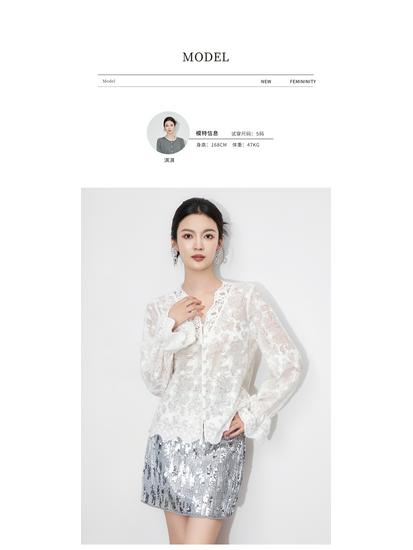 Women's V-Neck Lace Top with 3D Embroidery Design
