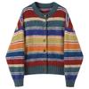 Women Colorful Striped Round Neck Sweater Japanese Retro Fashion Round Neck Cardigan Autumn Loose Lady Single Breasted Top