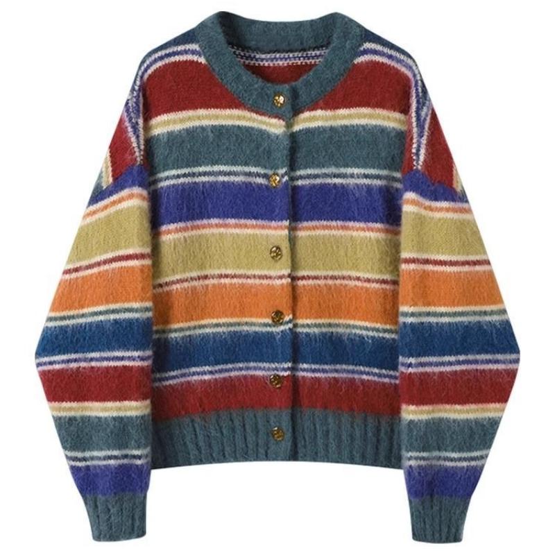

Женский разноцветный полосатый свитер с круглым вырезом, японская ретро-мода, кардиган с круглым вырезом, осенний свободный женский топ на одной пуговице Onesize