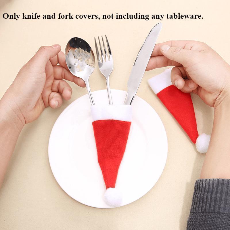 10PCS Christmas Mini Christmas Hat Red Knife And Fork Set Wine Bottle Cover Christmas Small Hat Table Decoration Supplies