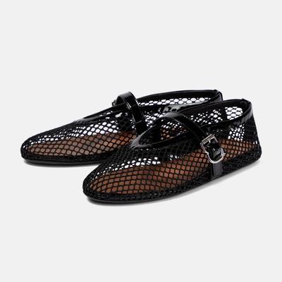 2024 Damen Mary Jane Flache Absätze Mesh Schnallen Ausschnitte Lüften Schwarz Casual Sommer Runde Zehen Schuhe Frau