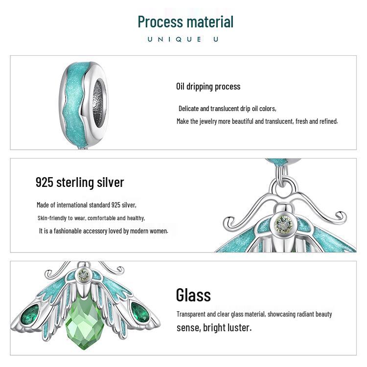 Ziyun Green Oil-Dripping Moth S925 Silver Necklace, Bracelet & Pendant Set