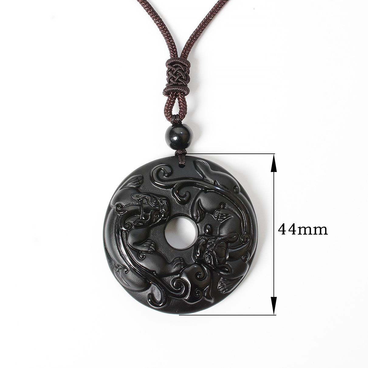 Ожерелье-подвеска Двойной Пиксиу из обсидиана с символом мира для мужчин и женщин