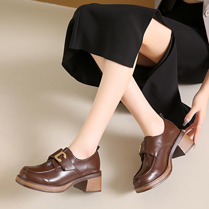 2024 Spring and Autumn Fashionable Women's High Heels High Quality Solid Color Square Toe Metal Decorated Thick Heel Loafers