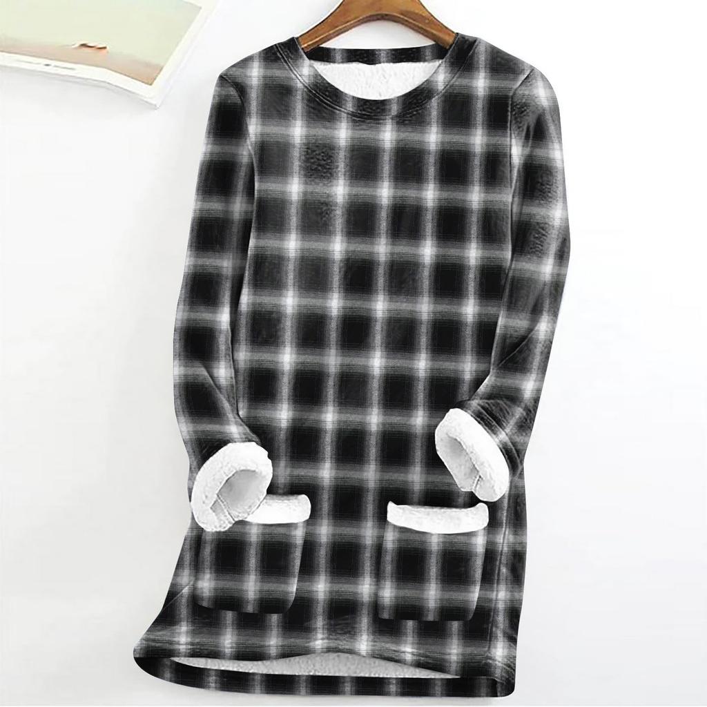 Women's Fashion Plaid Print Round Neck Long Sleeve Plush Winter Warm Pullover Top