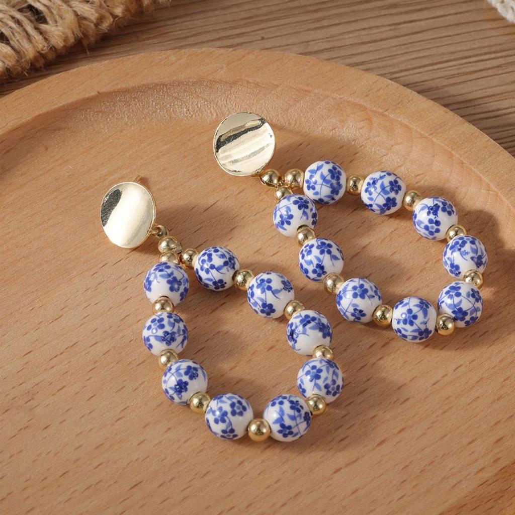 Retro Blue & White Porcelain Beaded Hoop Earrings - Smooth, Slightly Curved Studs for Spring/Summer 2025