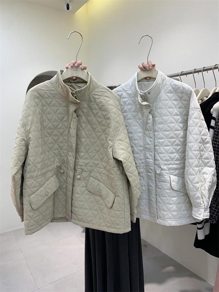 Korean-Style Diamond Pattern Lightweight Down Cotton Jacket for Women - Stand Collar, Waist-Cinching, 2025 Autumn/Winter Collection