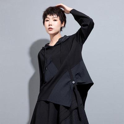 Damska Bluza Plus Size z Nieregularnym Kapturem Patchworkowa z Wstążką - Casualowa z Długim Rękawem