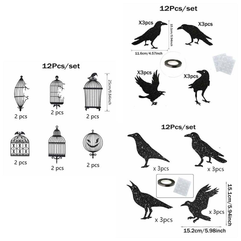 12pcs Thick Paper Black Crow Hanging Decor Dark Glittery Paper Birdcage Pendant Bar Club