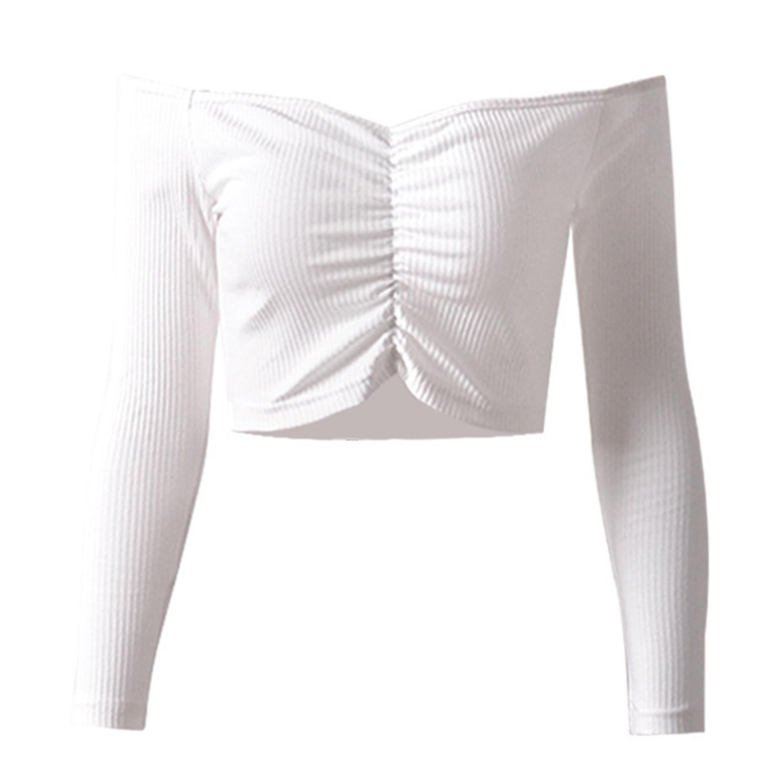 

Сексуальная укороченная футболка с открытыми плечами с длинными рукавами для женщин, сезон: весна-лето-осень, базовые футболки, модная женская футболка, однотонные топы S белый