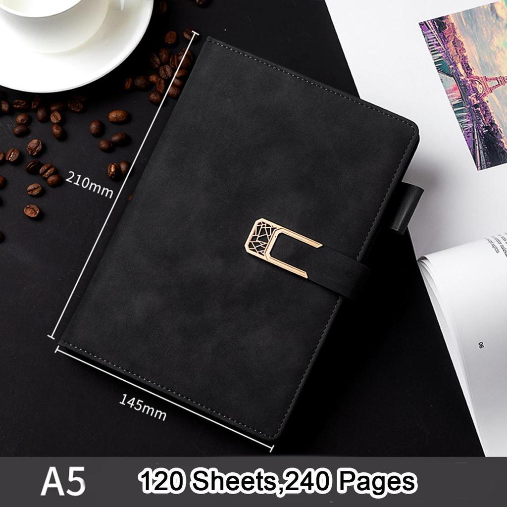 A5 Buckled Leather Student Subject Notebook, Business Notepad, Meeting Record Book, Thickened Diary, Travel Log, 120 Sheets 240 Pages