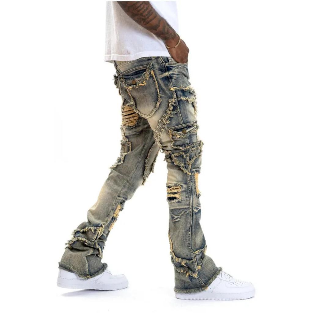 ZYLLO Men Ripped Stacked Jeans Distressed Slim Fit Skinny Straight Leg Jeans Fashion Hip Hop Denim Pants Casual Streetwear