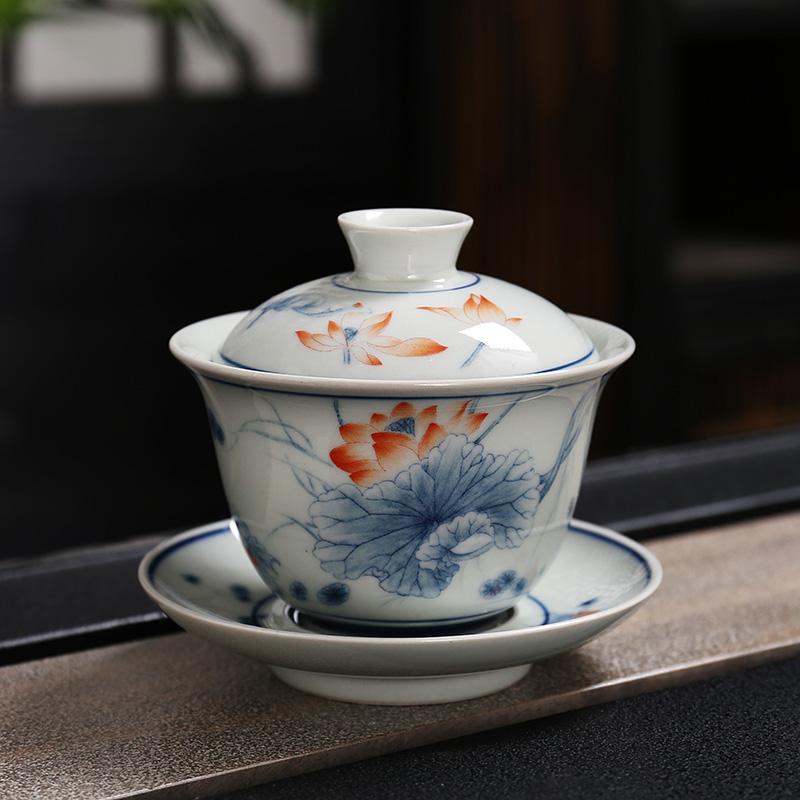 Керамическая чаша с одной крышкой, Большая вместимость, Китайская сине-белая трехкомпонентная чаша с крышкой, Ретро чайник, Чайная чашка