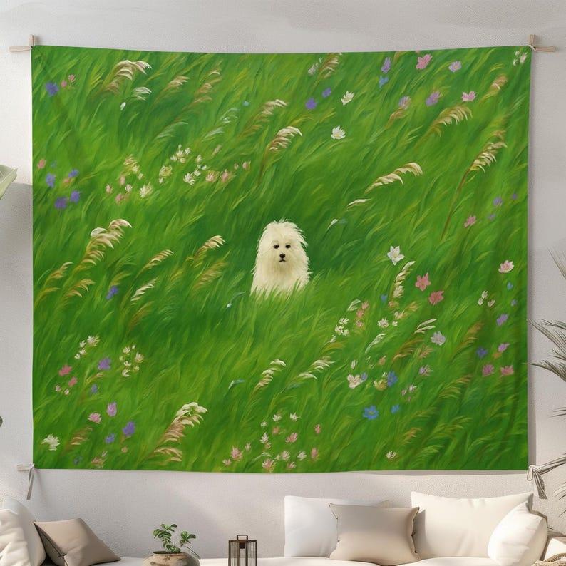 fluffy little dog on the grass tapestry 75x100 чёрный