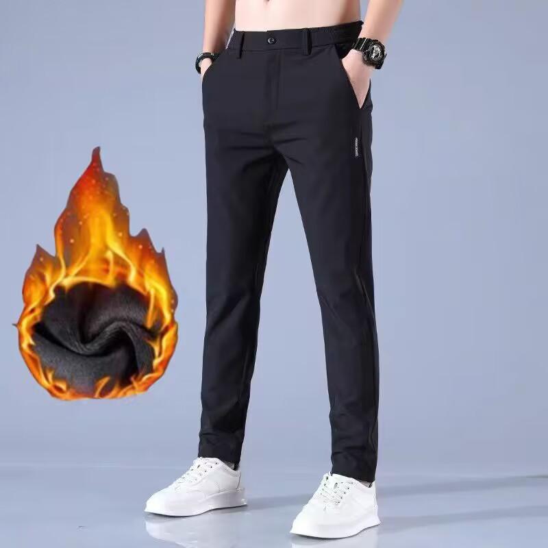 Ice silk men's versatile elastic waist casual pants autumn velvet thickened boys slim straight warm sports trousers
