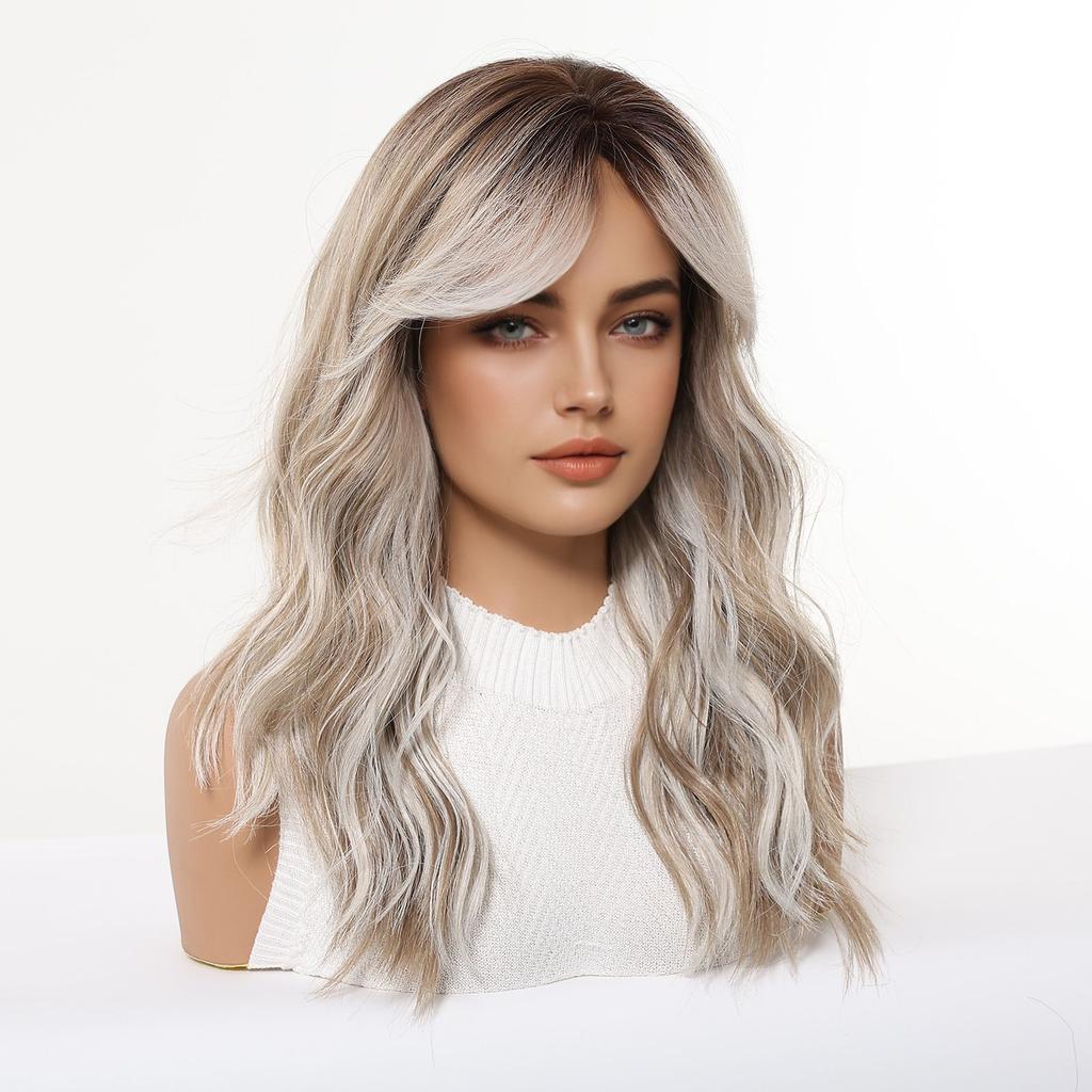 Women Long Wave Layered Brown Hair with Bangs Synthetic Mixed Blond Wigs for Daily Cosplay Heat Resistant Fibre
