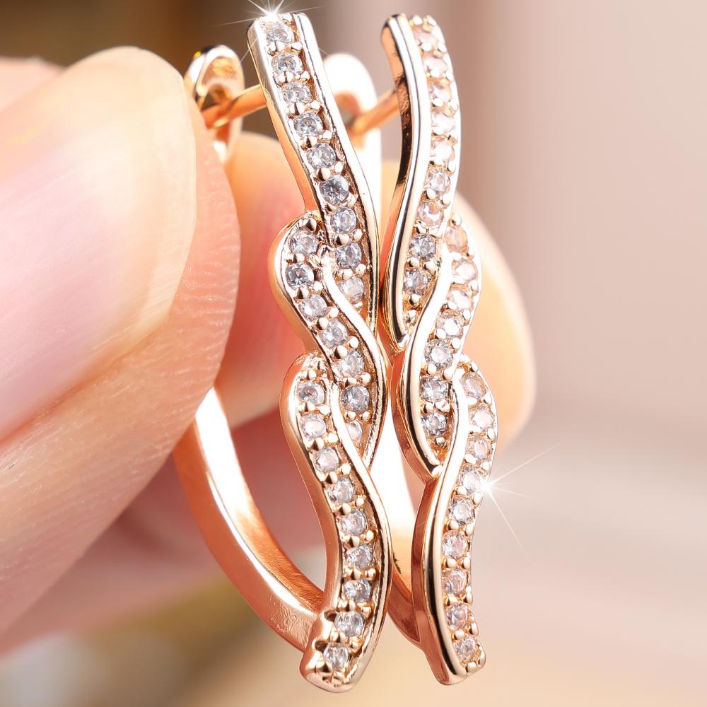 Elegant Rose Gold Color Twisted Wave Zircon Hoop Earrings for Women Daily Wear and Party