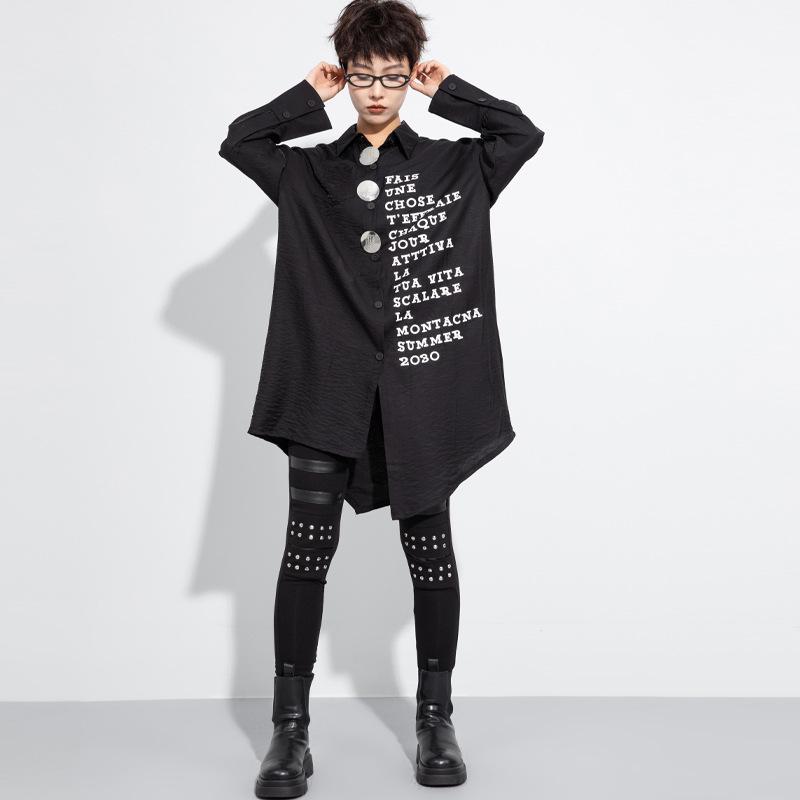Асимметричная рубашка с длинным рукавом и черным принтом женская удлиненная оверсайз верхняя одежда One Size suitable for 90-160 jin чёрный 3813₽
