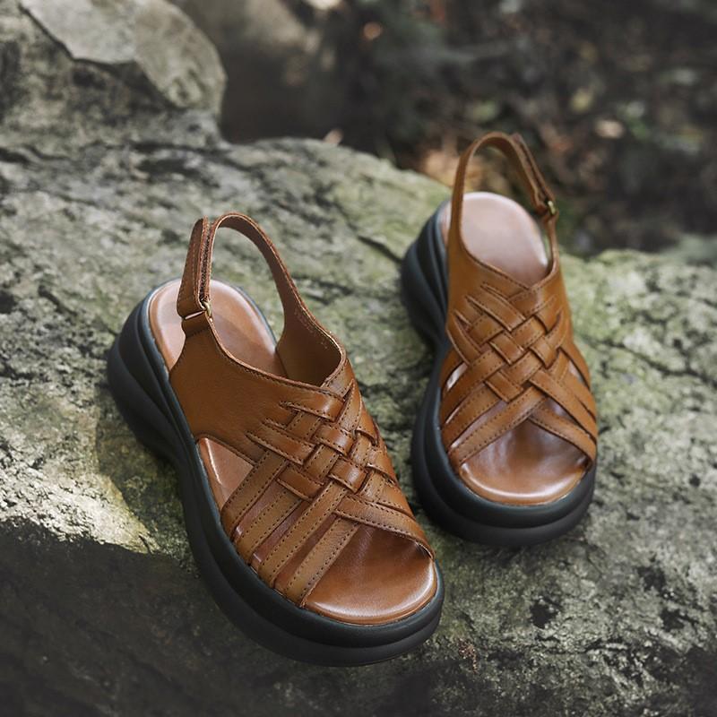 Johnature Genuine Leather Retro Woven Thick Soled Sandals Versatile Height Increasing Roman Women's Shoes