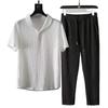 Mens Two Piece Solid Tracksuits Short Sleeve V Neck Shirt & Casual Cropped Pants Set Plus Size