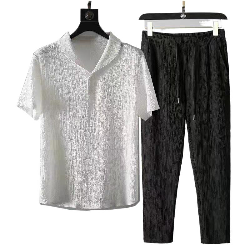Mens Two Piece Solid Tracksuits Short Sleeve V Neck Shirt & Casual Cropped Pants Set Plus Size
