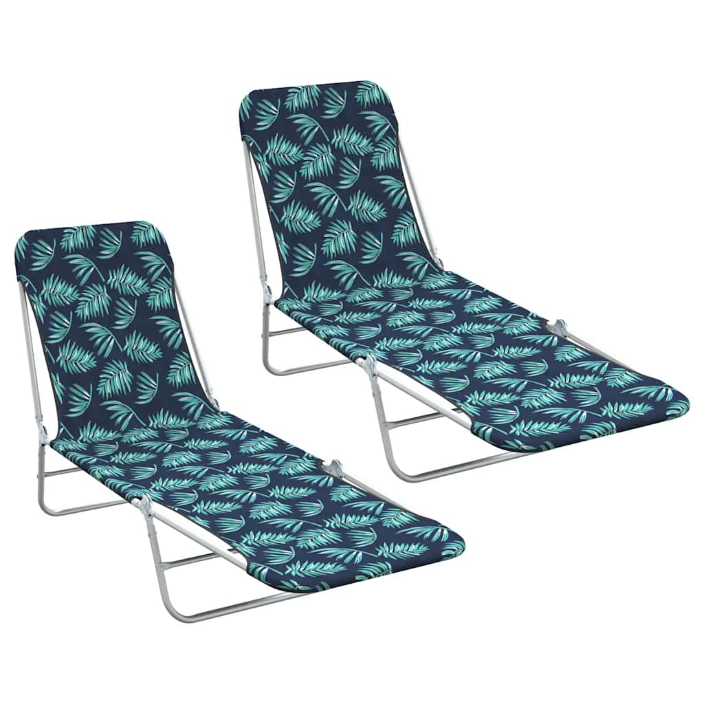 Folding Sun Loungers 2 pcs Steel and Fabric with Leaf Pattern