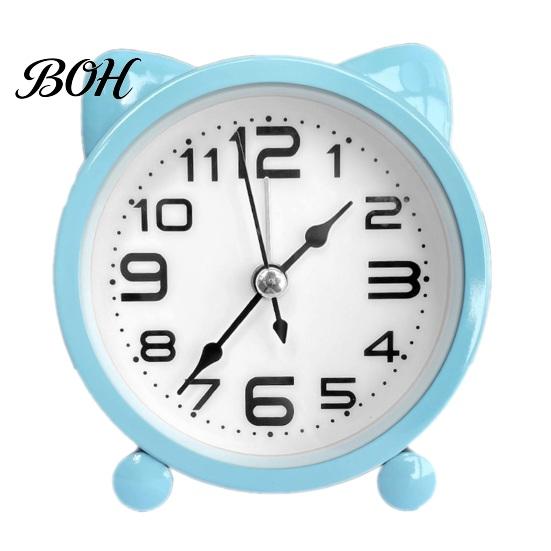Silent Movement Desk Clock Cat Ear Alarm for Kids, Non-Ticking Metal Analog Small Clock, Battery Powered Home Office Decor Easy To Read