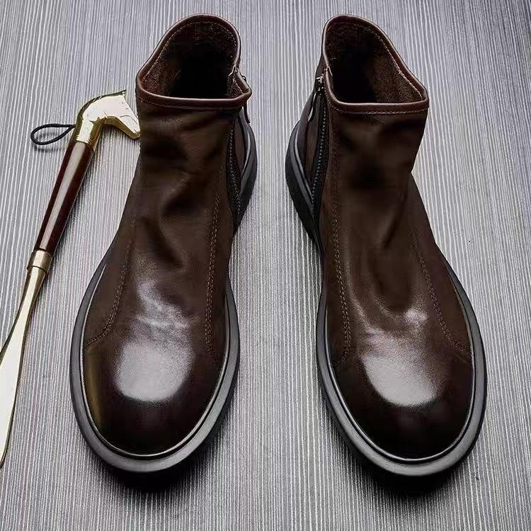 British leather boots men's shoes autumn and winter velvet medium top Martin boots sleeve zipper Chelsea soft leather casual leather boots